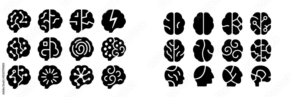 Poster creative black and white brain illustrations demonstrating various mental processes and activities i