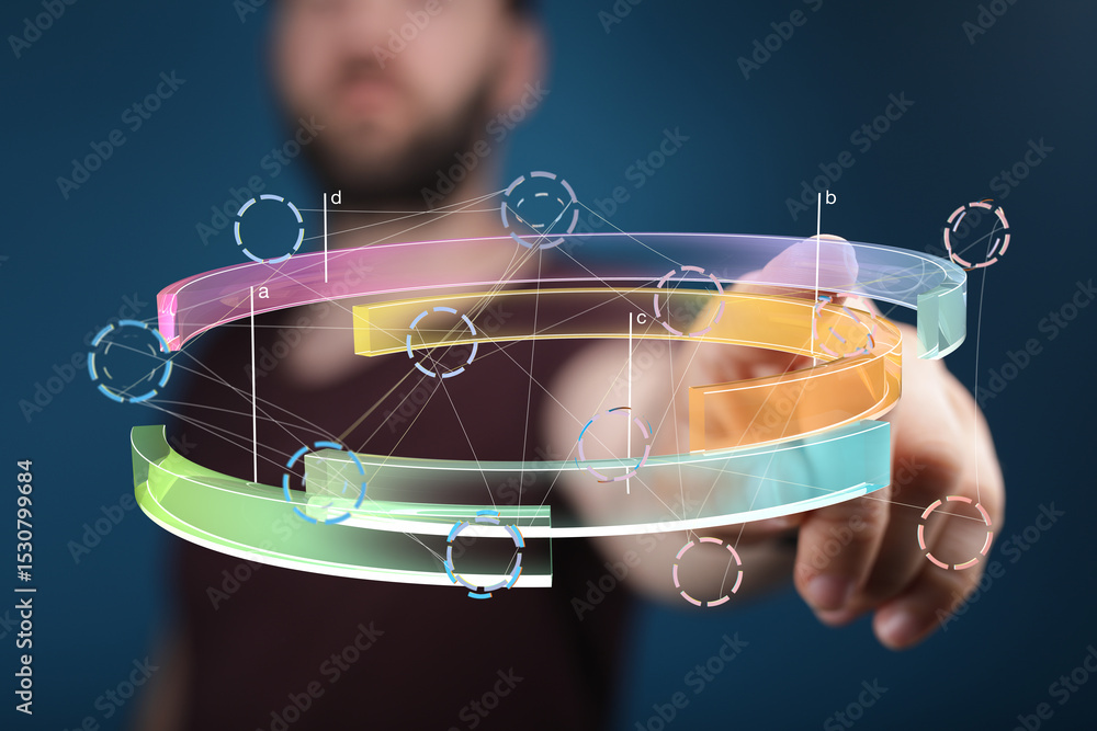 Leinwandbilder Abstract image of a person interacting with a futuristic 3D data visualization interface.