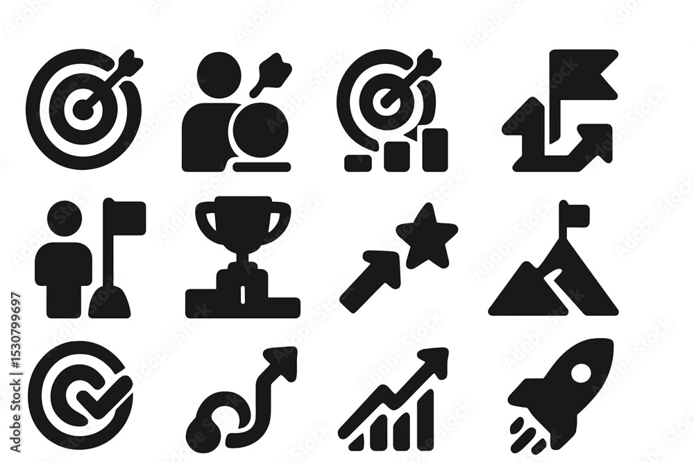 Aufkleber icons representing achievement, goals, and success in various forms for use in presentations and bra