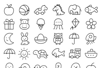 Naklejka premium Collection of simple line drawings featuring various objects and animals in a playful arrangement suitable for children's activities