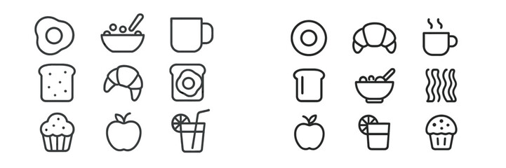 Breakfast icons depicting various food and drink options in a minimalist design suitable for a modern menu or culinary project
