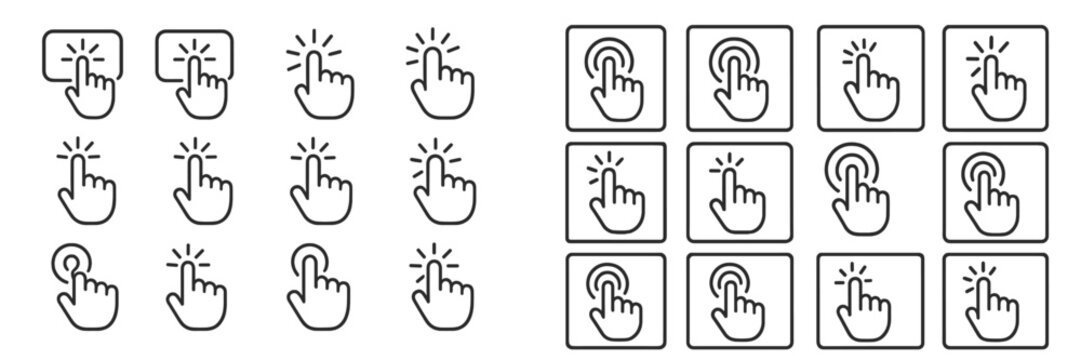 Various hand gestures demonstrating clicking and tapping actions on a touchscreen interface in a minimalistic design