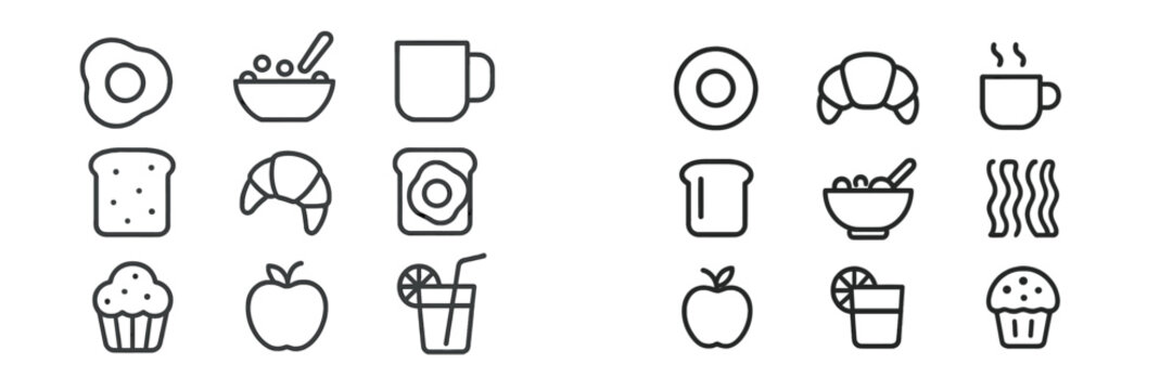 Breakfast icons depicting various food and drink options in a minimalist design suitable for a modern menu or culinary project