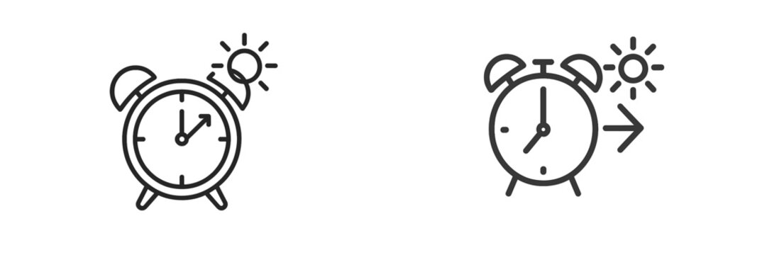 Alarm clock icons illustrating time change for daylight saving adjustment in a minimalist style - Powered by Adobe