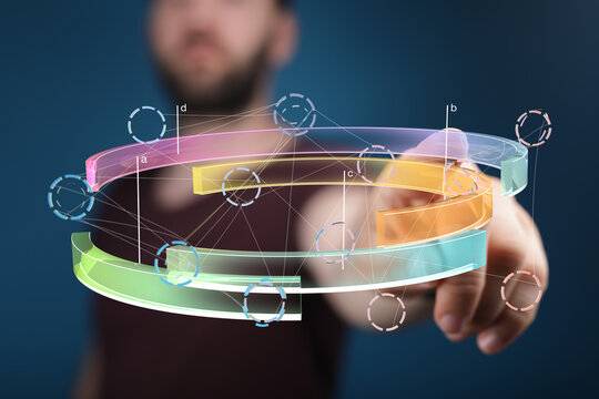 Abstract image of a person interacting with a futuristic 3D data visualization interface.