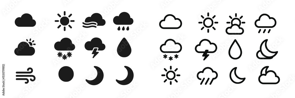 Poster collection of weather icons depicting various atmospheric conditions in a minimalist black and white
