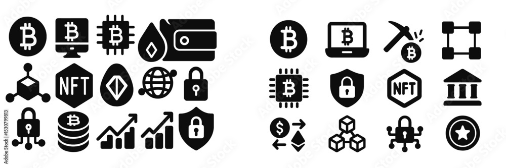 Poster collection of cryptocurrency and nft icons displaying various aspects of digital finance and technol