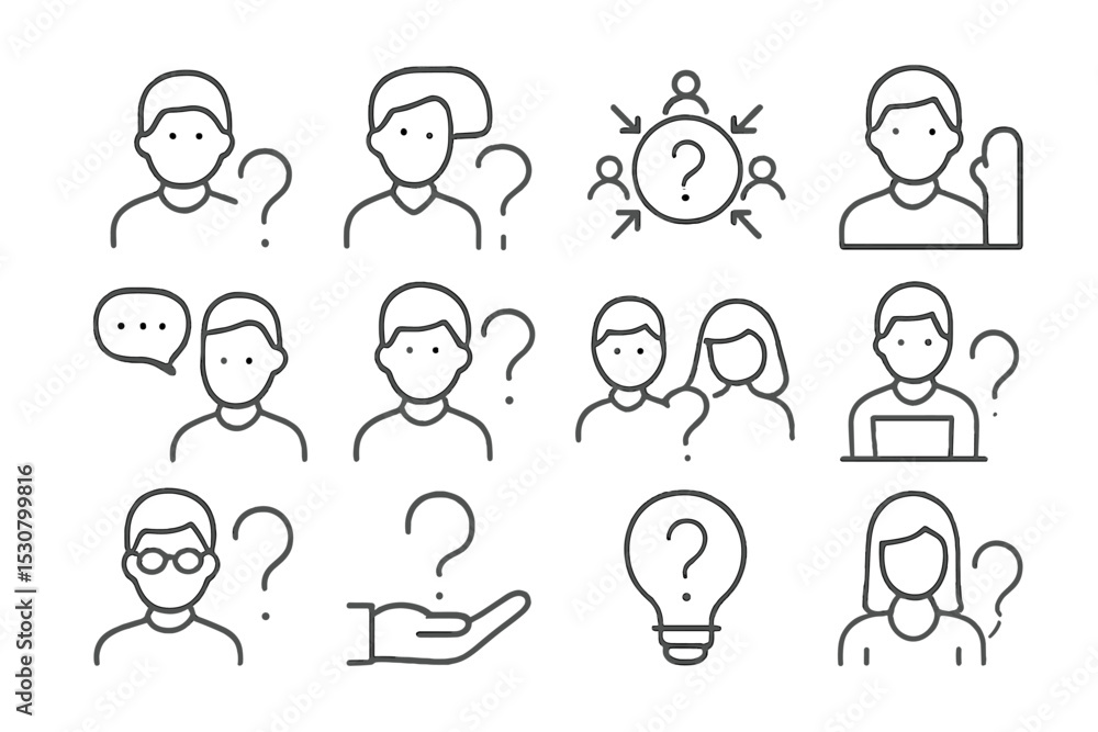 Poster diverse people featuring question marks and silhouettes to indicate curiosity and inquiry in a colla
