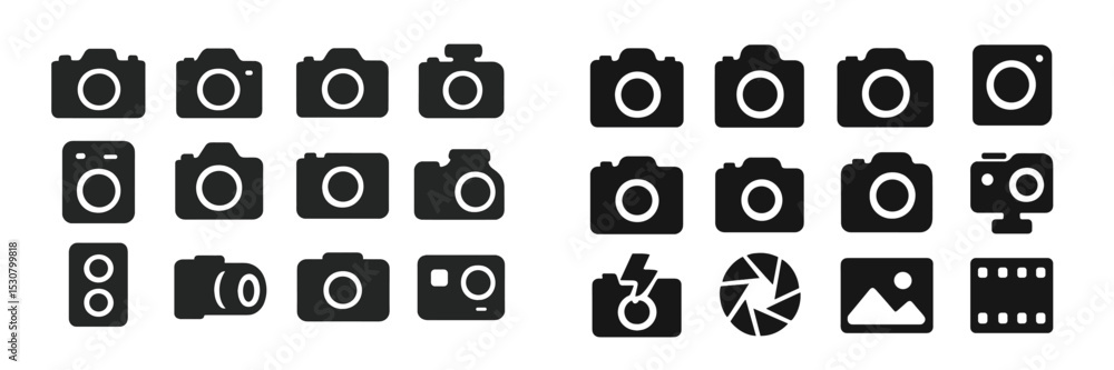 Poster collection of diverse camera icons displayed in black and white graphic format showcasing various ph
