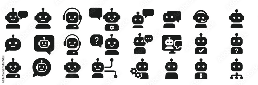Poster collection of diverse robot icons representing communication, assistance, and technology concepts in