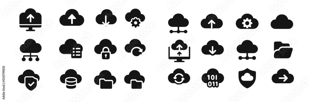 Aufkleber Collection of cloud computing icons showcasing various cloud service functionalities in a monochrome design