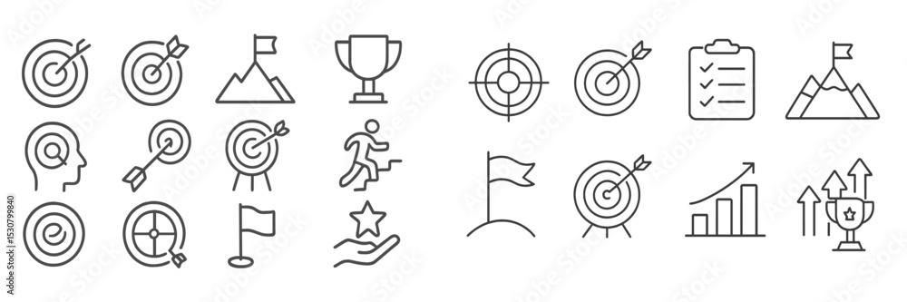 Poster collection of diverse line icons representing goals, achievements, and progress in various contexts