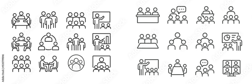 Poster icon set depicting various group activities and interactions in professional settings including meet
