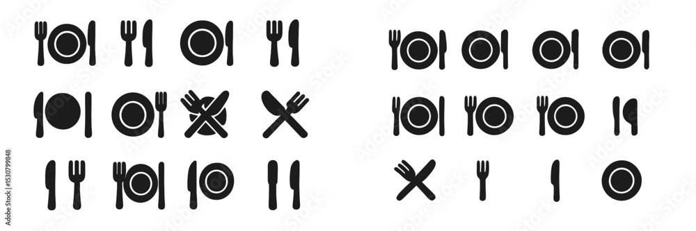 Poster different arrangements of dining utensils and plates for various meal settings in a minimalist desig