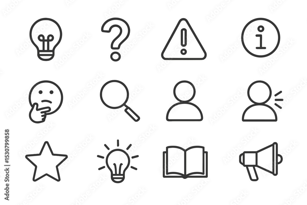 Poster collection of various icons including lightbulb, question mark, and exclamation sign on a clean back