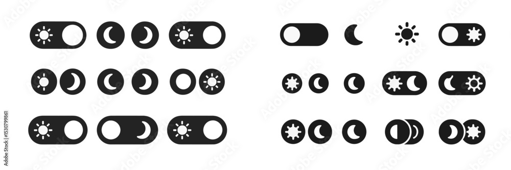 Poster icon set showcasing toggle switches for light and dark mode across various styles and designs