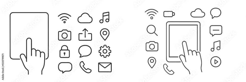 Poster detailed representation of hand gestures interacting with various digital icons on a tablet screen