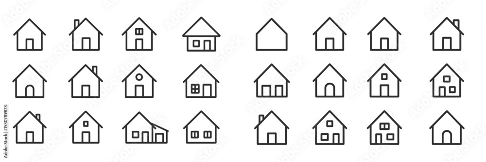 Poster Collection of simple house icons in black outline against a white background for graphic design projects