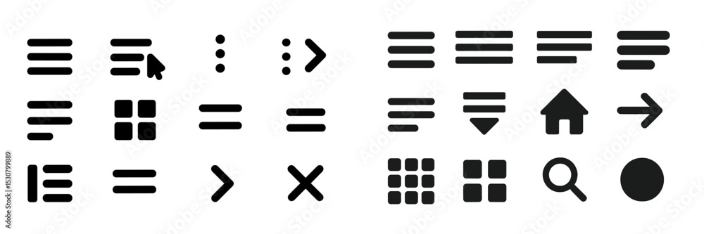 Fototapete Collection of black icons representing various user interface symbols and buttons in a modern design layout