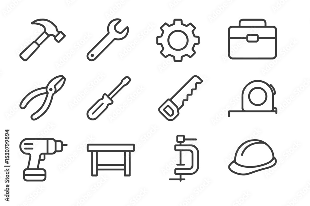 Poster various hand tools and equipment arranged in a grid layout for diy and construction activities