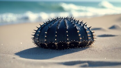 A black and white sea urchin, a spiny sea creature, rests on the wet sand.