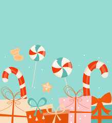 Christmas holiday background with gifts, candy cane.