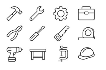 Obraz premium Various hand tools and equipment arranged in a grid layout for DIY and construction activities