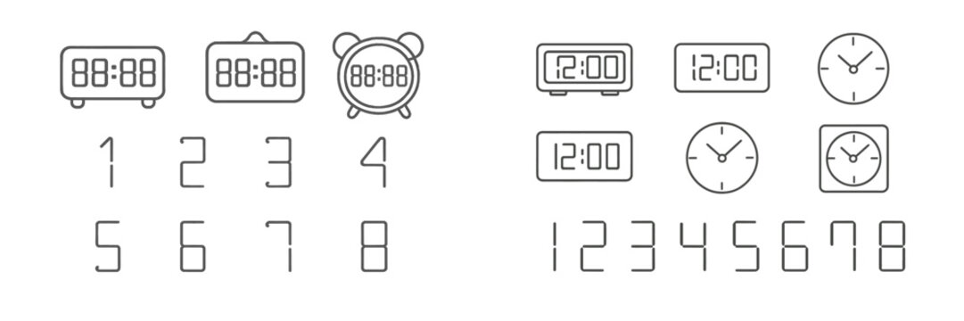 Multiple clock designs featuring digital and analog styles in a simple layout for timekeeping purposes