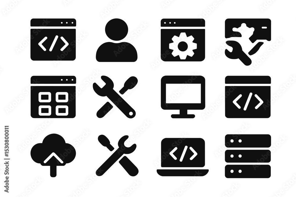 Poster Icons representing various aspects of web development and programming in black and white, ideal for tech-related projects