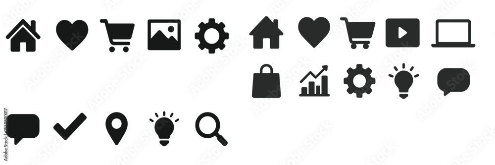Poster collection of black icons representing various digital activities and concepts displayed on a white 