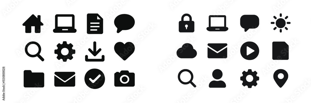 Poster Collection of black icons representing various digital and online activities, neatly organized in two rows