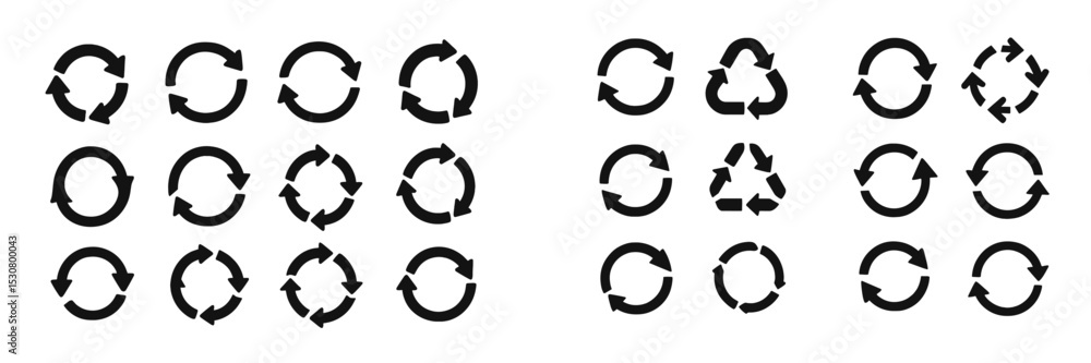 Poster different styles of recycling symbols displayed on a white background, showcasing designs in black w