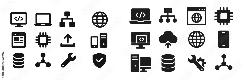 Poster Icons representing technology and computer systems in a minimalist design focusing on connectivity and digital tools