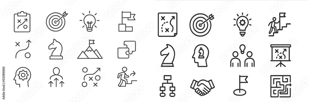 Poster business planning and strategy symbols with various icons representing goals, teamwork, and problem-