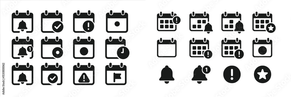 Poster collection of calendar icons with alerts, reminders, and events designed for digital applications
