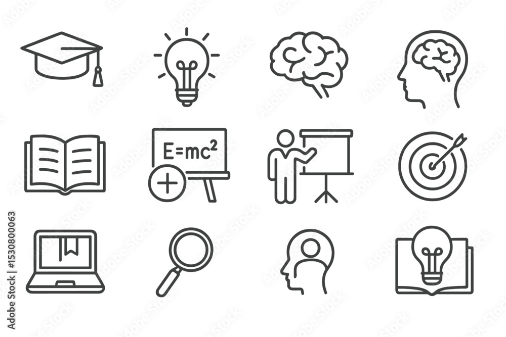 Poster icons representing education and learning concepts in a simple, minimalist style featured in a creat