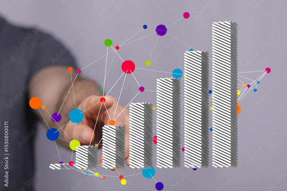 Poster Stock photo of hand interacting with a 3D bar graph showing growth and data points.