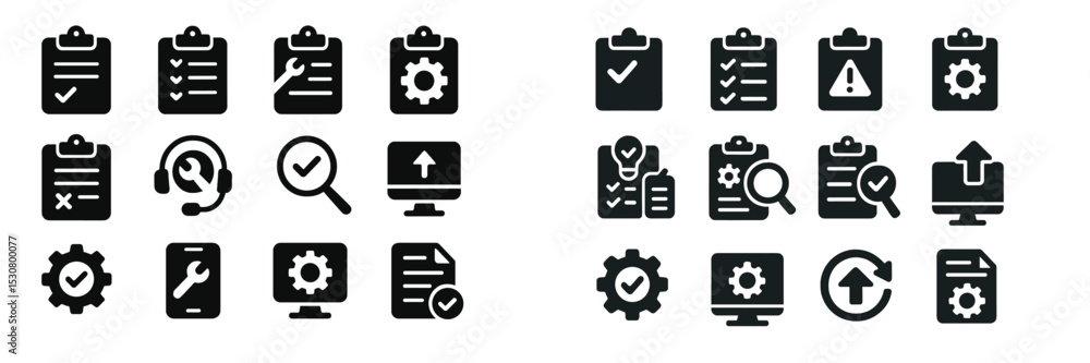 Poster clipboards with checklists, gears, and icons representing project management and team collaboration 