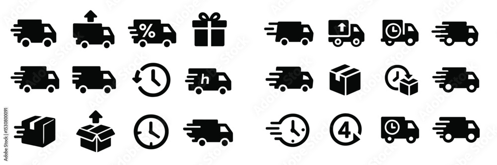 Poster Collection of delivery icons representing various shipping services and features for e-commerce platforms