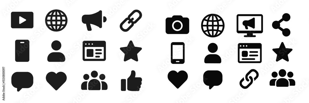 Poster collection of icons representing social media and digital communication tools, emphasizing connectiv