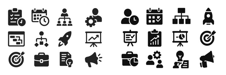 Diverse collection of black icons representing project management, productivity, and teamwork activities in a modern workspace