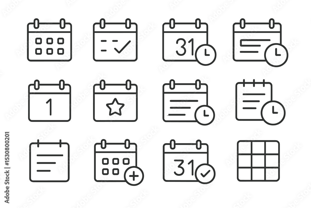 Poster Calendar icons collection with various designs showing dates, events, and reminders in a clean layout