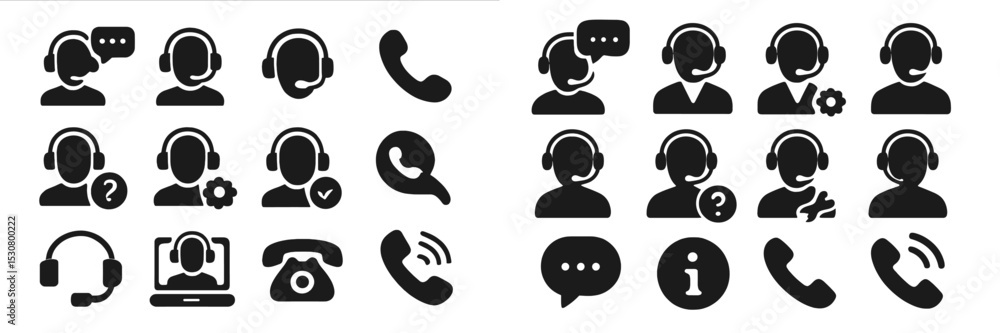 Poster Various headset icons representing customer service and support activities in a professional setting