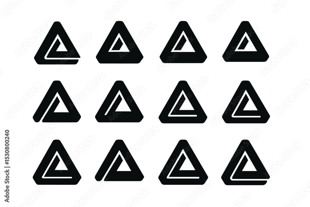 Poster Simple black triangle logo designs arranged in a grid showcasing various styles and shapes in a minimalist approach