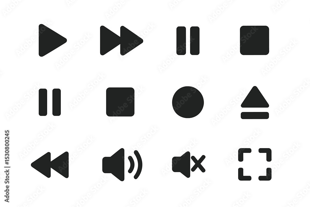 Fototapete Icon set featuring playback controls and audio symbols designed for user interface applications and media players