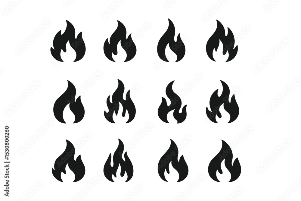 Fototapete Collection of black flame icons arranged in a grid showing various styles and sizes of fire symbols for graphic design use