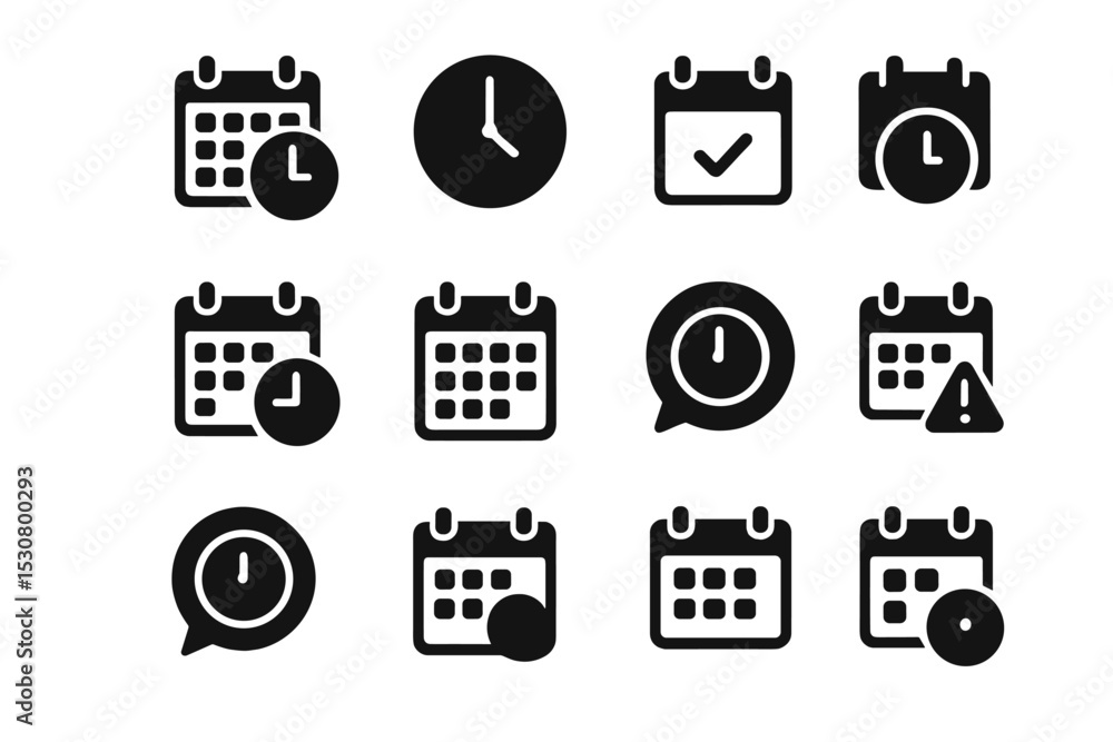Poster Time and date icons collection for event planning, scheduling, and reminders in black and white design