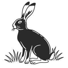 Minimalist monochrome shows hare sitting amidst sparse grass on a white backdrop