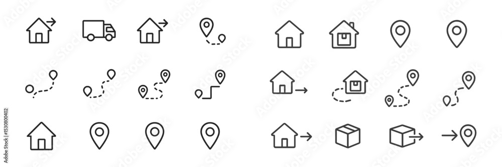 Poster icons depicting various transportation and location concepts for navigation and delivery application