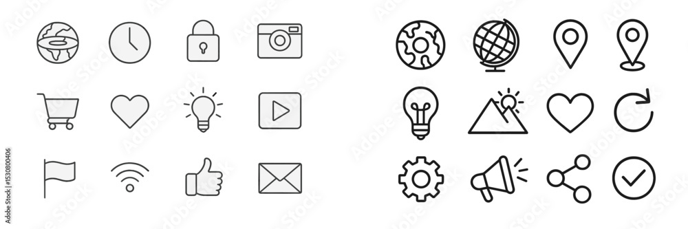 Poster collection of minimalistic icons representing various online activities, features, and symbols commo
